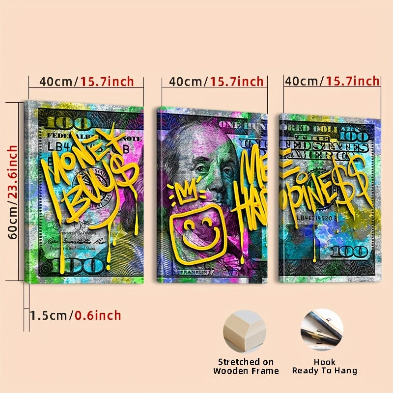 3-Panel Money Wall Art with Graffiti "Money Bus My Happiness" Design - 100 Dollar Bill Canvas Print on Recycled Wood Frame, Vibrant Inspirational Decor for Living Room, Bedroom, Home Office - Ready to Hang, Wall Hanging Decor