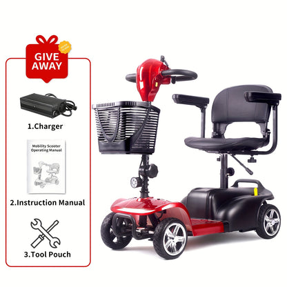 This 4-wheel Electric Mobility Scooter, Designed for Seniors And Individuals with Disabilities, Features A 350W Motor, 12.5Ah 6 Mph Top Speed, 15-mile Range, 360° Rotating Seat, LED Headlights, Detachable Shopping Basket, An