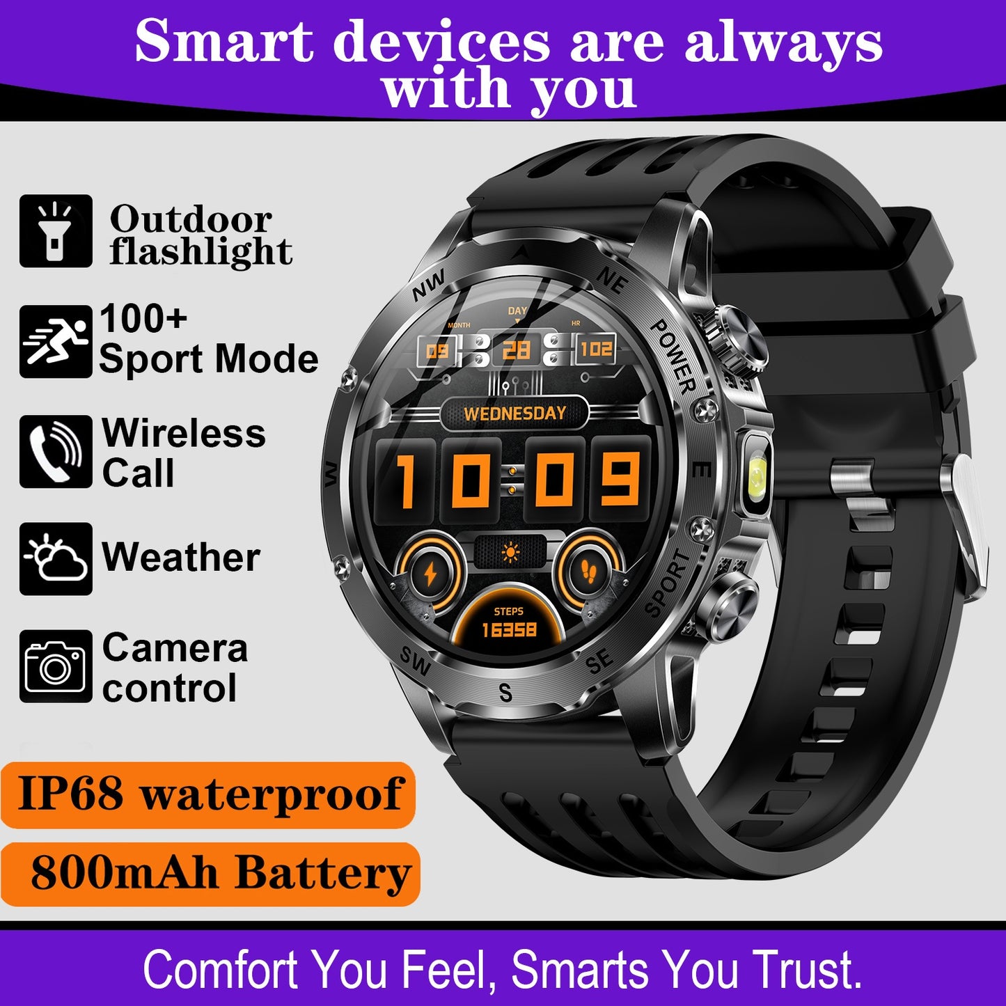 Men'S Smart Watch, Waterproof Smart Watch, Suitable for Outdoor Sports, IP68 Deep Waterproof, Waterproof Speaker, LED Flashlight, Call Answering, Music Control, 800Mah Battery, Compass, Compatible with Iphone And Android Phon