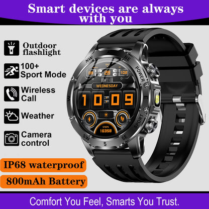 Men'S Smart Watch, Waterproof Smart Watch, Suitable for Outdoor Sports, IP68 Deep Waterproof, Waterproof Speaker, LED Flashlight, Call Answering, Music Control, 800Mah Battery, Compass, Compatible with Iphone And Android Phon