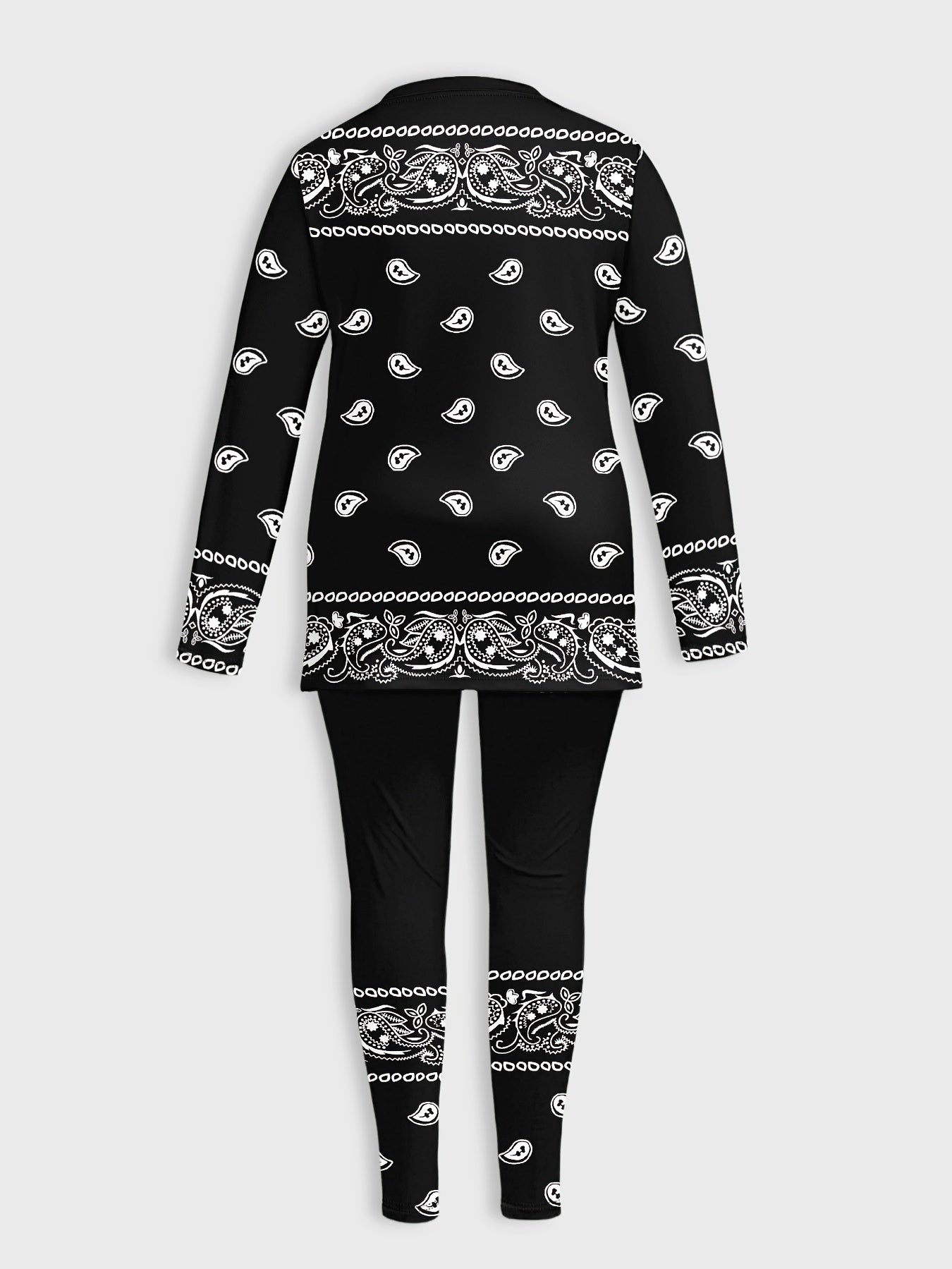 Women'S Plus Size Elegant Paisley Print Two-Piece Set - Oversized Long Sleeve Round Neck Top & Wide-Leg Pants with Side Slits, All-Over & Pattern, Comfortable Casual to Semi-Formal Outfit for Spring/Fall, Versatile Everyday &