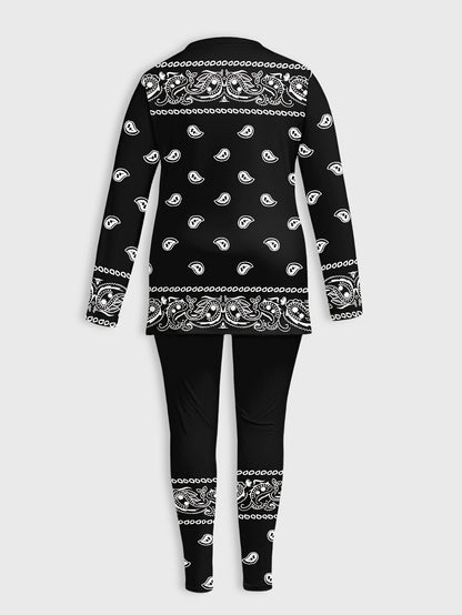 Women'S Plus Size Elegant Paisley Print Two-Piece Set - Oversized Long Sleeve Round Neck Top & Wide-Leg Pants with Side Slits, All-Over & Pattern, Comfortable Casual to Semi-Formal Outfit for Spring/Fall, Versatile Everyday &