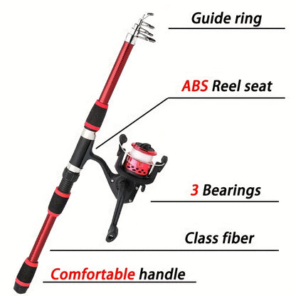 70.87inch Full Fishing Kit with Telescopic Rod, Spinning Reel, Baits, Hooks & Accessories - Red & Black, Medium-Light Power, Ambidextrous, Includes Tackle Box, Line, and Swivels for Freshwater & Saltwater Fishing, Fishing Gea