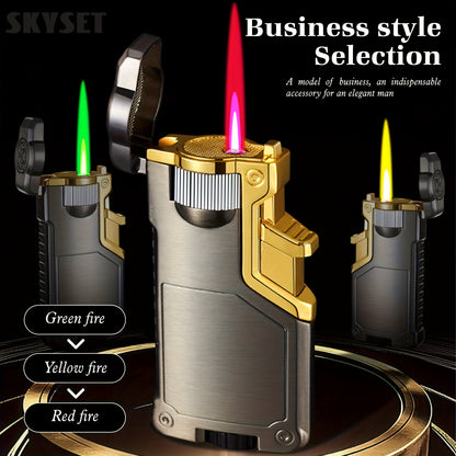 Butane Lighter Available in Three Colors, Featuring a Flame Switch, Windproof Design, And Direct Ignition. This Inflatable Lighter Is Made of Metal And Allows for Flame Size Adjustment