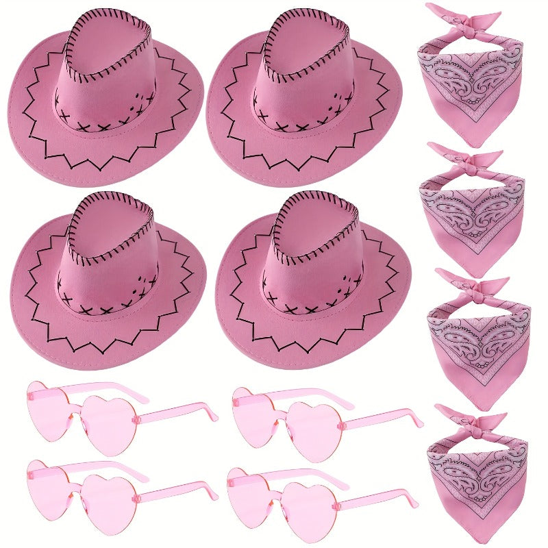 12pcs Western Cowboy Hat Set with Bandanas & Glasses - Adjustable Felt Hats for & s, Unisex Brown/Black Wide-Brimmed Hats with White Paisley-like Patterns, Dress-Up Party Supplies for Halloween, Christmas, Wild West Role Play