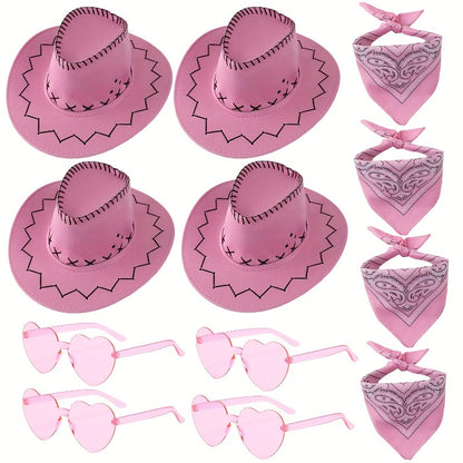 12pcs Western Cowboy Hat Set with Bandanas & Glasses - Adjustable Felt Hats for & s, Unisex Brown/Black Wide-Brimmed Hats with White Paisley-like Patterns, Dress-Up Party Supplies for Halloween, Christmas, Wild West Role Play