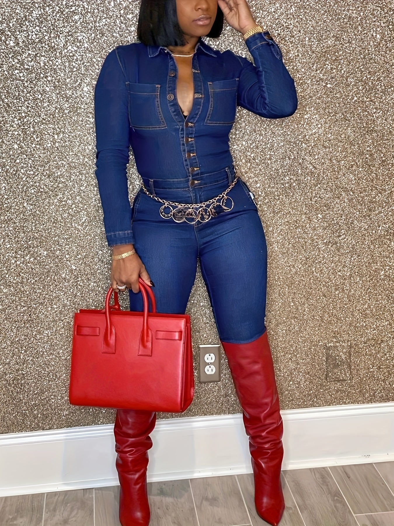 Women'S Stylish Blue Long - Sleeve Button - Front Denim Jumpsuit Chest Pockets & Deep V - Neck, Trendy For Night Out, Parties, Party Events, Clubbing & Evening Gatherings - Must - Have Fashion