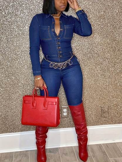 Women'S Stylish Blue Long - Sleeve Button - Front Denim Jumpsuit Chest Pockets & Deep V - Neck, Trendy For Night Out, Parties, Party Events, Clubbing & Evening Gatherings - Must - Have Fashion