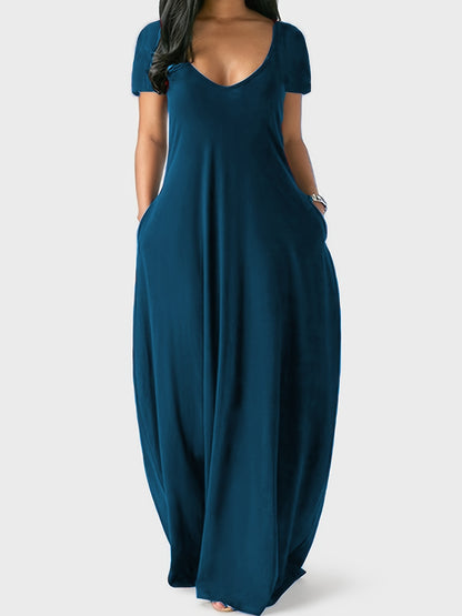 Solid Simple Dress, Casual Short Sleeve Maxi Dress With Pockets, Women's Clothing