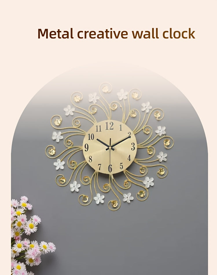1pc Silent Luxury Wall Clock with Floral Design - Golden Metal Frame, Black Hands, Ideal for Living Room, Bedroom, Study, Entrance & Dining Room Decor - Perfect Mother'S Day or Housewarming Gift, Clock Wall Decor