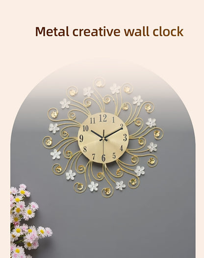 1pc Silent Luxury Wall Clock with Floral Design - Golden Metal Frame, Black Hands, Ideal for Living Room, Bedroom, Study, Entrance & Dining Room Decor - Perfect Mother'S Day or Housewarming Gift, Clock Wall Decor