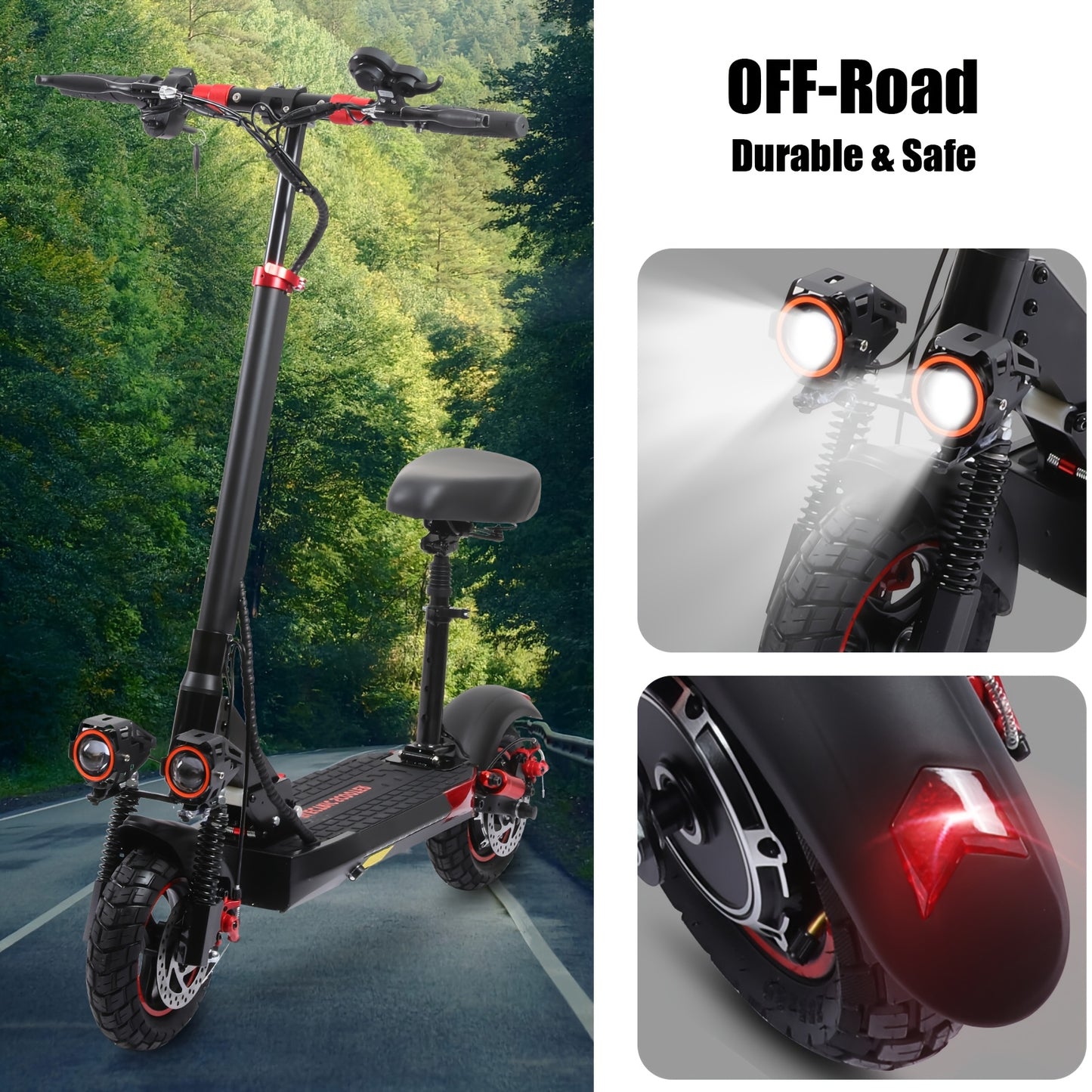 Foldable Electric Scooter with Detachable Seat & 10" All-Terrain Vacuum Tires - 48V15Ah/55KM Range, 50KM/H Speed, Dual Disc Brakes, Heavy-Duty e-Scooter for Off-Road, Commuting, Hills - Global Voltage ( Plug)