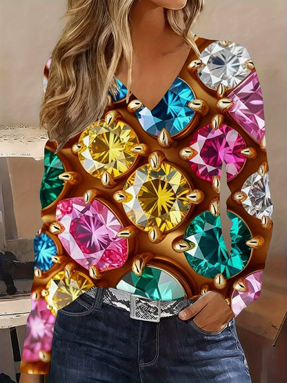 Plus Size Women's 3D Jewel-Encrusted V-Neck Long Sleeve Blouse - Sparkling All-Over Gem Print T-Shirt, Wedding Party Outfit, Year-Round Elegant Top, Machine Washable (No) - Special Event Dresses for Prom, Gala, Conference -