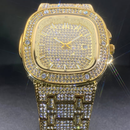 Latest Chilled Men'S Watch With Street Style Water Drill Hip-hop Square Watch For Women With Luminous Scale For Couples, Jewelry Accessories.