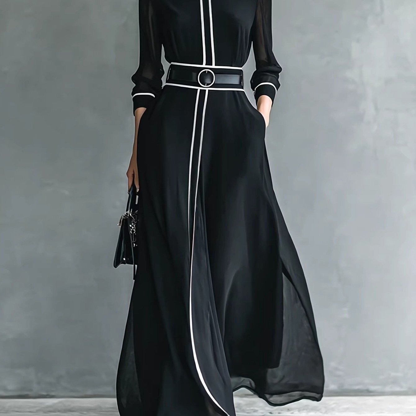 ARTPAGE Spring French Elegant Color-Block Long-Sleeve Dress with High Neck, Chiffon Long Skirt, and Belt