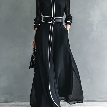ARTPAGE Spring French Elegant Color-Block Long-Sleeve Dress with High Neck, Chiffon Long Skirt, and Belt
