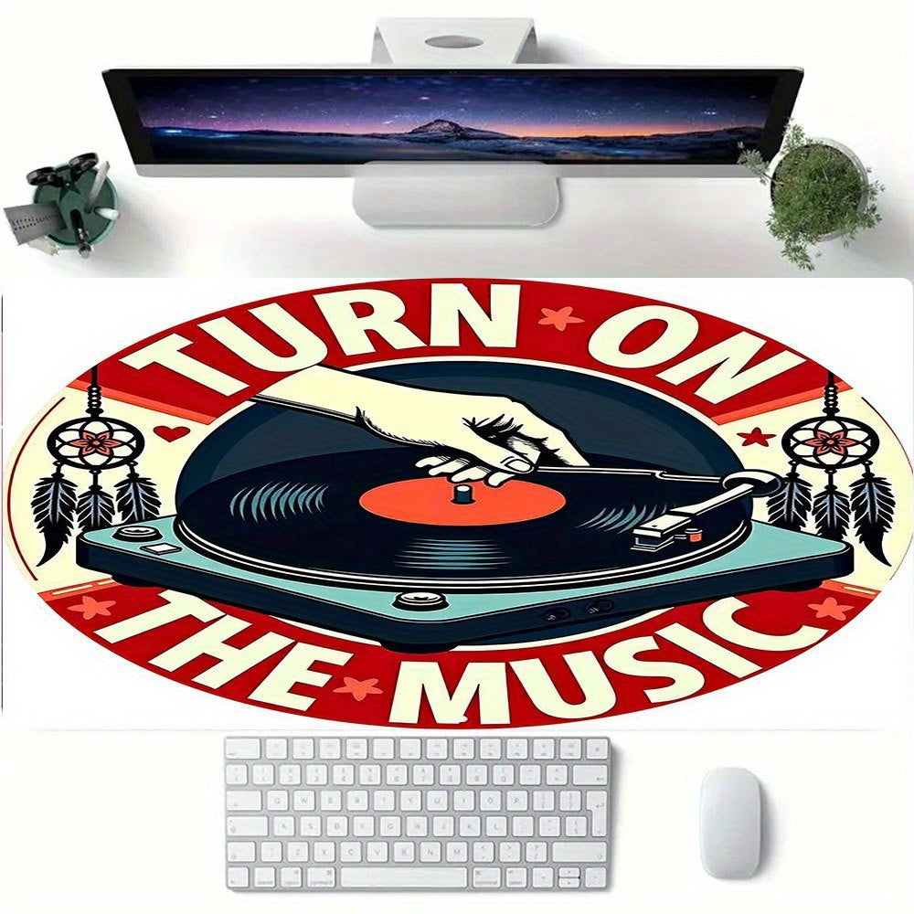 1pc Music-Themed Gaming Mouse Pad & Desk - Vinyl Record & DJ Turntable Design with "Turn On The Music" Slogan, Non-Slip Rubber Base, Full Keyboard & Mouse Coverage for PC/Laptop, Durable Thick Surface for E-Sports, DJ Setup,