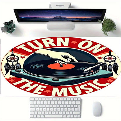 1pc Music-Themed Gaming Mouse Pad & Desk - Vinyl Record & DJ Turntable Design with "Turn On The Music" Slogan, Non-Slip Rubber Base, Full Keyboard & Mouse Coverage for PC/Laptop, Durable Thick Surface for E-Sports, DJ Setup,
