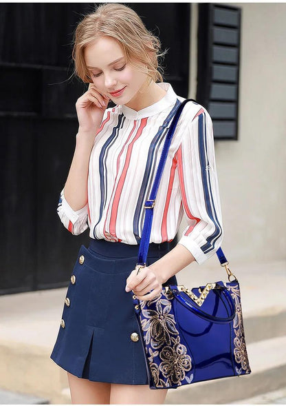 Designer Floral Embroidery Patent Leather Handbag for Women, Large Capacity Shoulder Tote with Zipper Closure, Polyester Lined, Paint Detail, Party Bag