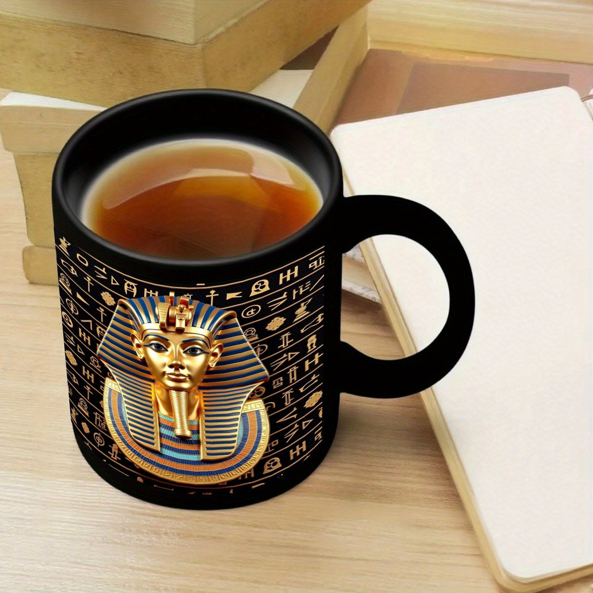 1pc Egyptian Pharaoh Tutankhamun King Tut Golden Mask Design Black Ceramic Mug - 11oz Durable Coffee Cup with Hieroglyphic Print, Ideal Gift for Birthdays, Anniversaries, History Lovers & Egyptian-Themed Home Decor