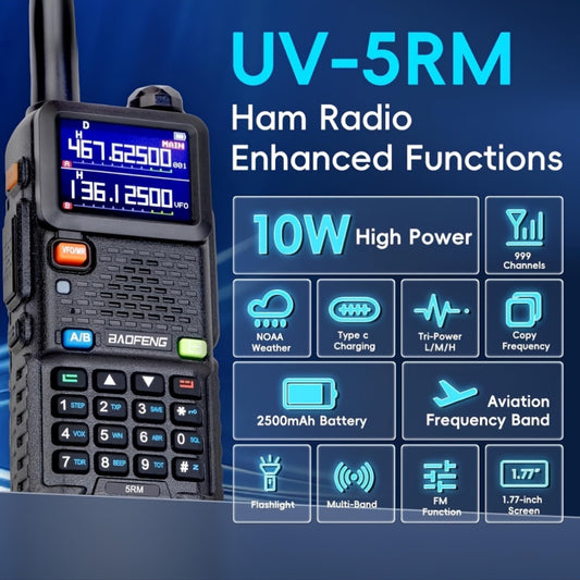 BAOFENG 5RM 10W Ham Radio AR-5RM Long Range Handheld Portable Multi Band NOAA Weather Radios 999 Channels Two Way Radio With 2500mAh USB-C Charger, High Gain Antenna, Speaker Mic, USB Programming Cable For Camping (2 Pack)