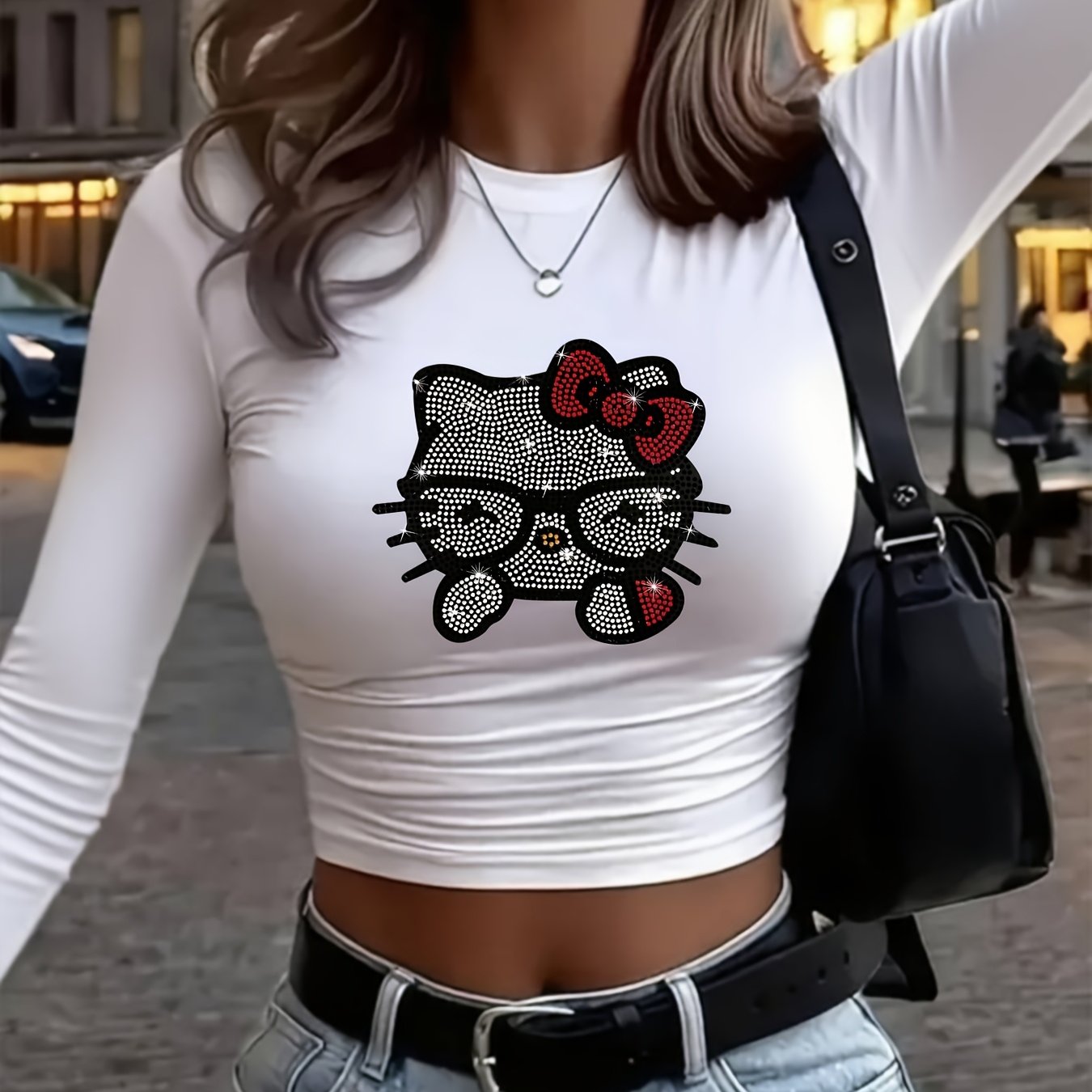 [Printed Design – Not Textured] HELLO KITTY Classic IP Collaboration Autumn/Winter Women's Y2K Long-Sleeve High-Waist T-Shirt. Features Sanrio All-Star Kitty, Pompompurin, Kuromi, and My Melody Print Designs. Cute, Sweet, a