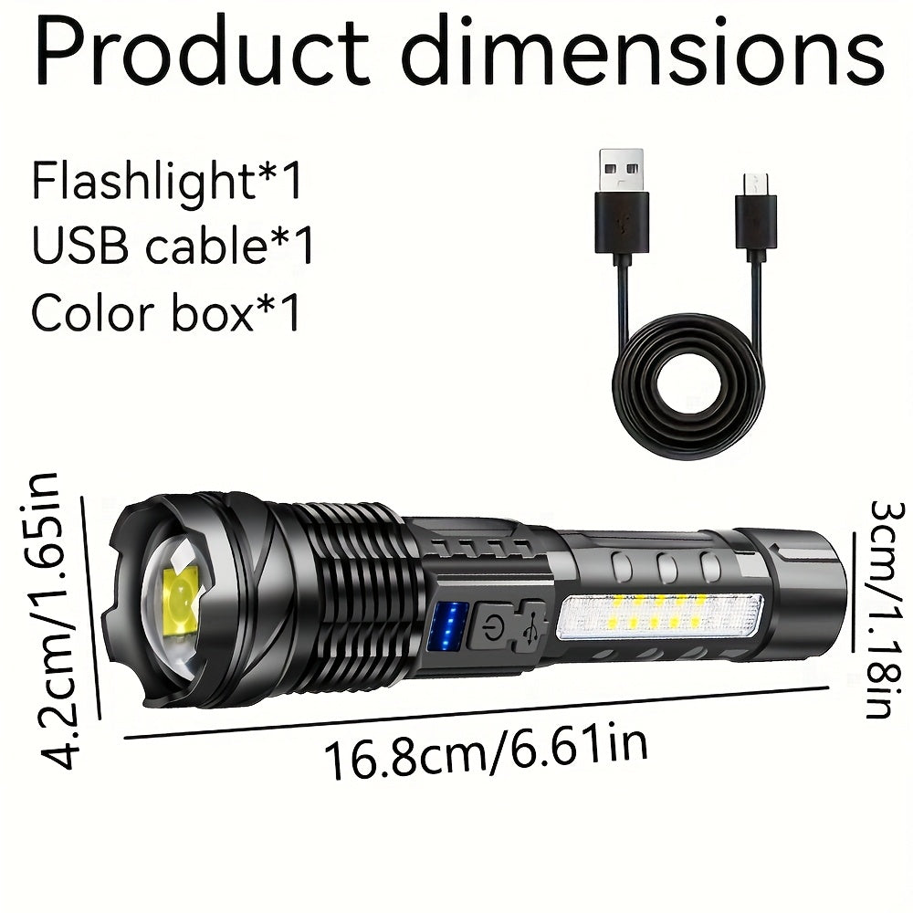 1/2/4pcs Multifunctional Flashlight High-Power LED Flashlight with COB Red/Blue Warning Side Light - Rechargeable Zoomable Long Distance Fishing Camping Light Many Mode