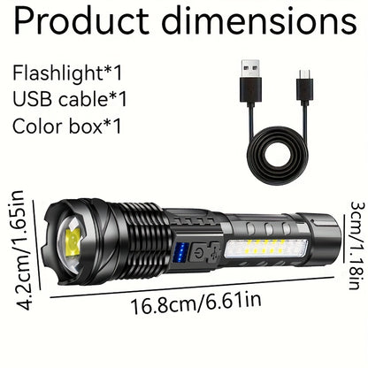1/2/4pcs Multifunctional Flashlight High-Power LED Flashlight with COB Red/Blue Warning Side Light - Rechargeable Zoomable Long Distance Fishing Camping Light Many Mode