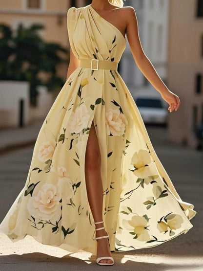 Plus Size, HERTALK Women's Off-Shoulder Digital Print Sleeveless Tank Dress with Belt Long Dress