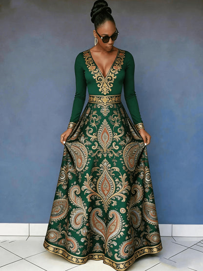 Flower Rich And Luxurious Flower Print Design Women's V-neck Dress with Waist Cinching And Shaping, And Casual Drape, Sexy Charm, Fresh Temperament, Commuting Trend, Elegant Long Skirt, Cocktail Party, High-end Occasion