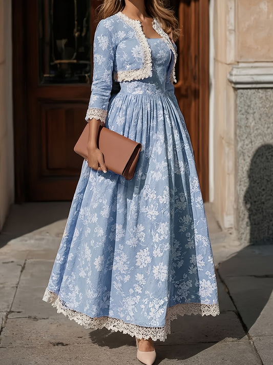 2pcs Set: Pink Floral Lace-Trimmed Dress + Short Jacket Set for Women | Romantic Vintage Banquet Style, Perfect for Weddings, Parties, And Fall/ Winter Outfits