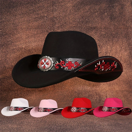 1pc Unisex Vintage Western Cowboy Hat - Breathable Felt with Embroidered Belt - Adjustable Drawstring for Outdoor, Casual, Music Parties & Independence Day - Black/White/Red/Pink - Gift for Him or Her - Cowboy Accessories, Ou