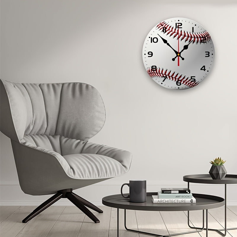 Baseball-Themed Silent Wall Clock with Mechanism - Red Seam Design, White Dial & Black/Red Baseball Texture - Battery- (AA Not Included) Sports Decor for Cave, Room, Game Room - Artificial Wood Panel, Yellow Second