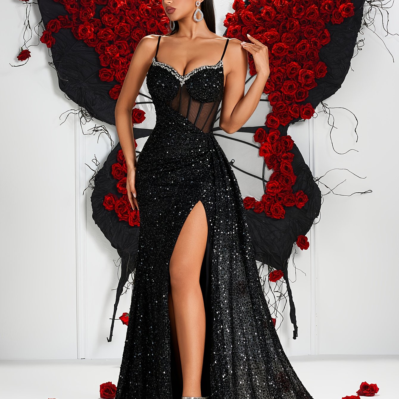 Sequin Spaghetti Strap V-Neck High-Waist Long Dress with Hollow-Out Back and Side Slit | Elegant Bodycon Evening Gown for Parties and Banquets