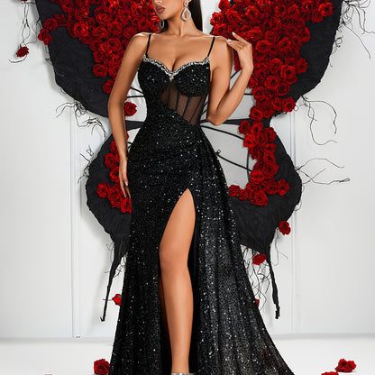Sequin Spaghetti Strap V-Neck High-Waist Long Dress with Hollow-Out Back and Side Slit | Elegant Bodycon Evening Gown for Parties and Banquets