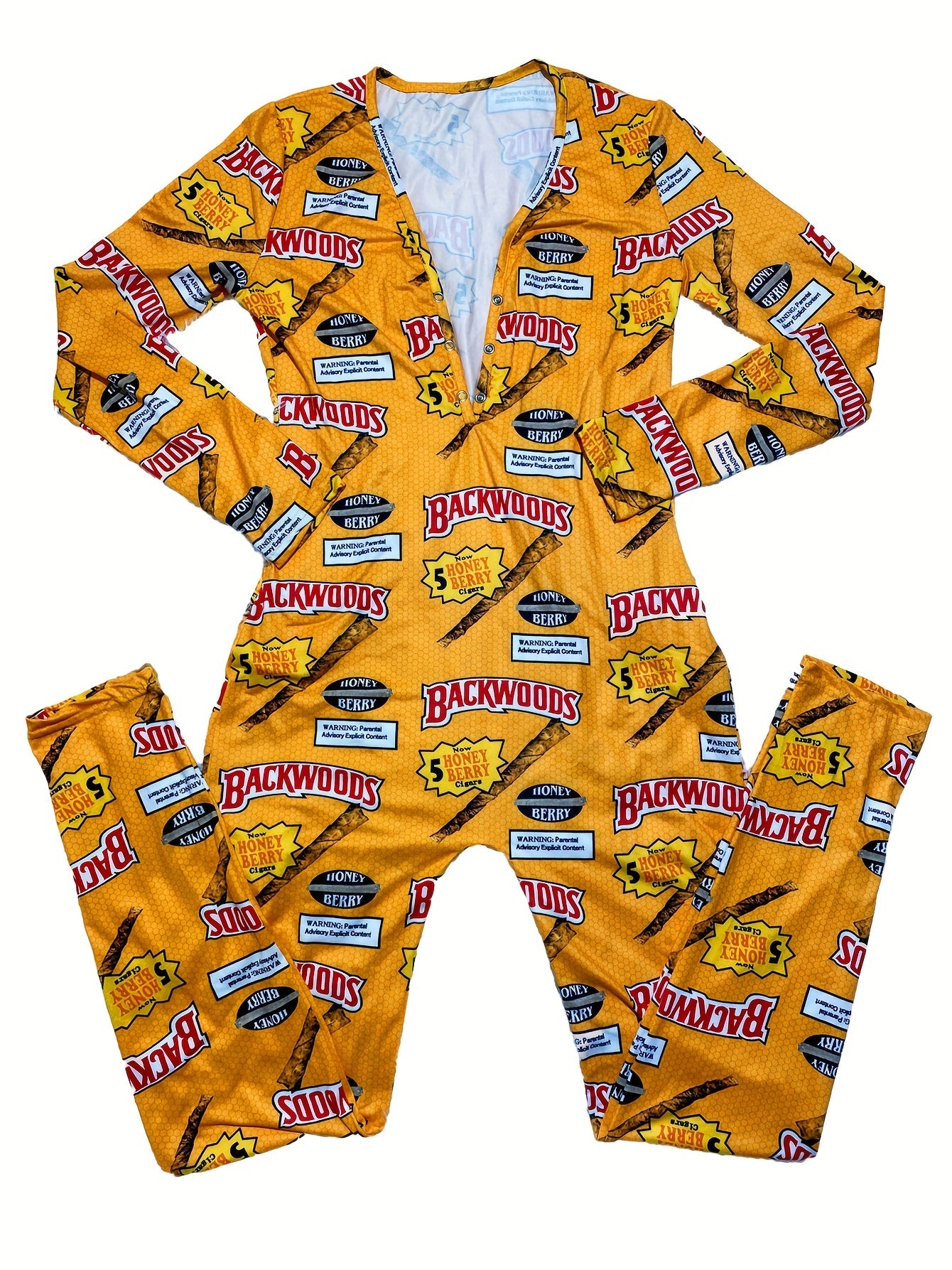 Women'S Sexy Long Sleeve V-Neck Loungewear Jumpsuit - Yellow "Backwoods" Graphic Print, Off-Shoulder Design, High-Waisted Romper for Summer, Comfortable & Stylish Sleepwear, Casual Loungewear | Vneck Jumpsuit | Polyester Blen