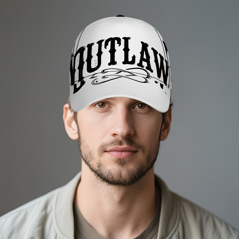 1pc 2D Outlaw Script Print Baseball Cap - Full-Body Vibrant Polyester Hat, Adjustable Snapback for Running, Sports & Casual Streetwear., Outdoor Headwear, Trendy Streetwear, Breathable Fabric, Durable Hat, Fashion Hat, Street