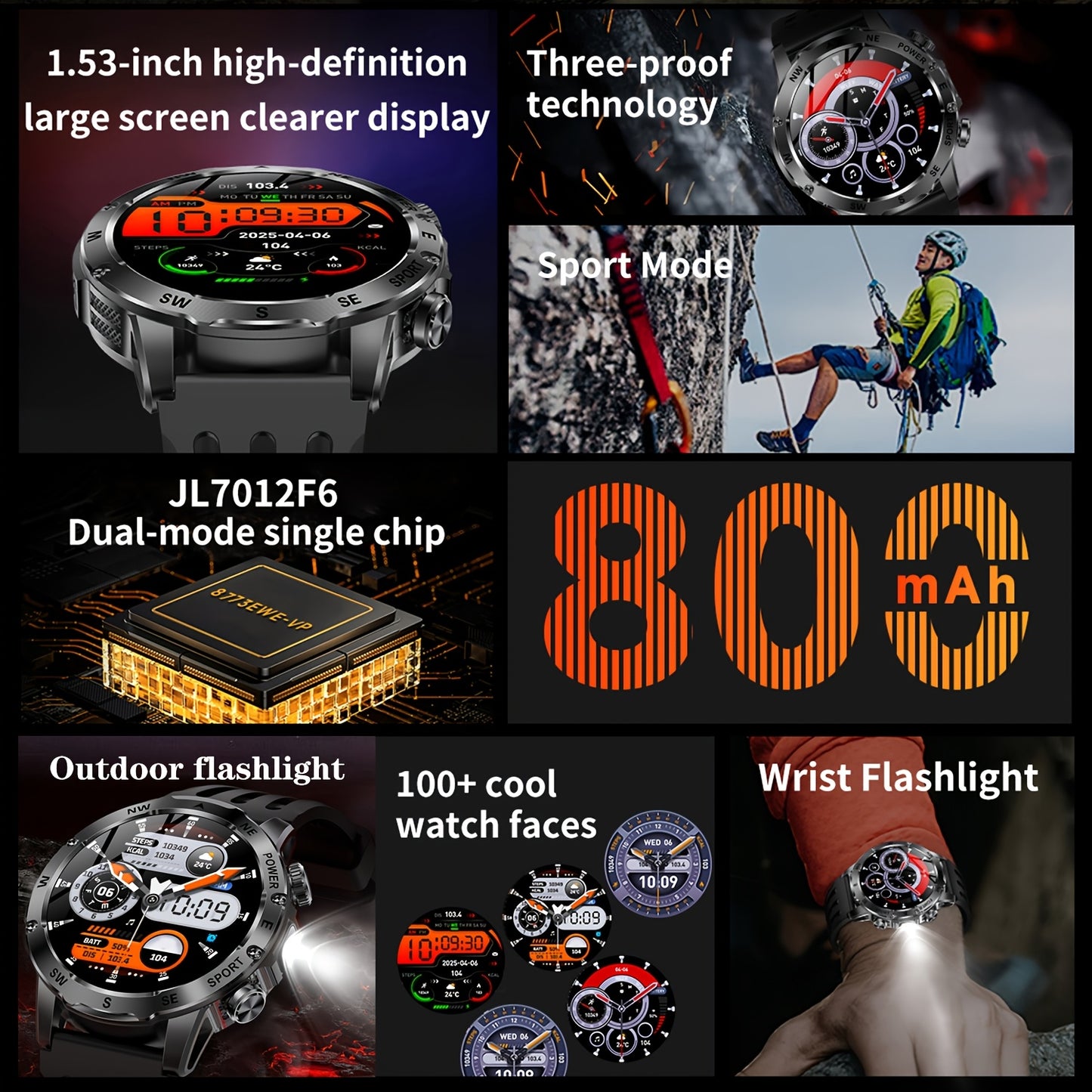 Men'S Smart Watch, Waterproof Smart Watch, Suitable for Outdoor Sports, IP68 Deep Waterproof, Waterproof Speaker, LED Flashlight, Call Answering, Music Control, 800Mah Battery, Compass, Compatible with Iphone And Android Phon