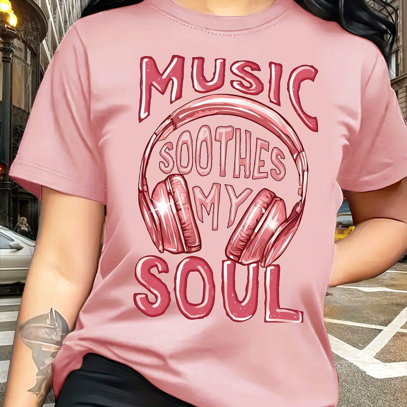 Women's Music Soothes My Soul Headphones & Sound Wave Print T-Shirt - Casual Short Sleeve Round Neck Blouse, Spring Summer Casual Attire for Music Lovers, Machine Washable Comfortable Top