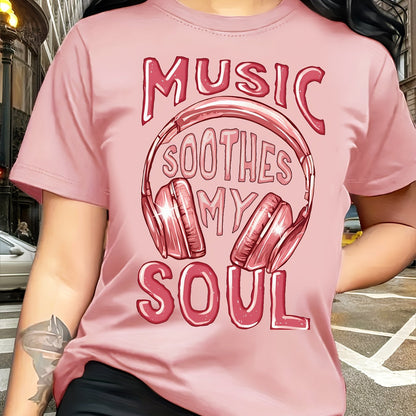 Women's Music Soothes My Soul Headphones & Sound Wave Print T-Shirt - Casual Short Sleeve Round Neck Blouse, Spring Summer Casual Attire for Music Lovers, Machine Washable Comfortable Top
