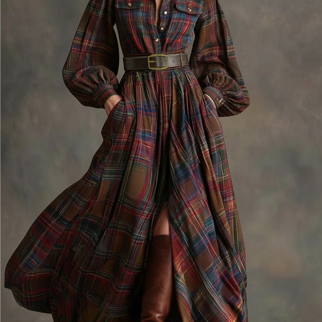 [Vintage Belted Dress] Women' Vintage Belted Waist-Defining Long Dress with Puff Sleeves - -Line Collar Dress Suitable for Date Nights, Parties & Winter Events - Retro Formal Dress