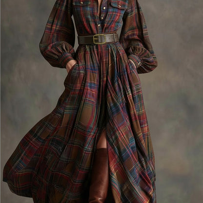 [Vintage Belted Dress] Women' Vintage Belted Waist-Defining Long Dress with Puff Sleeves - -Line Collar Dress Suitable for Date Nights, Parties & Winter Events - Retro Formal Dress