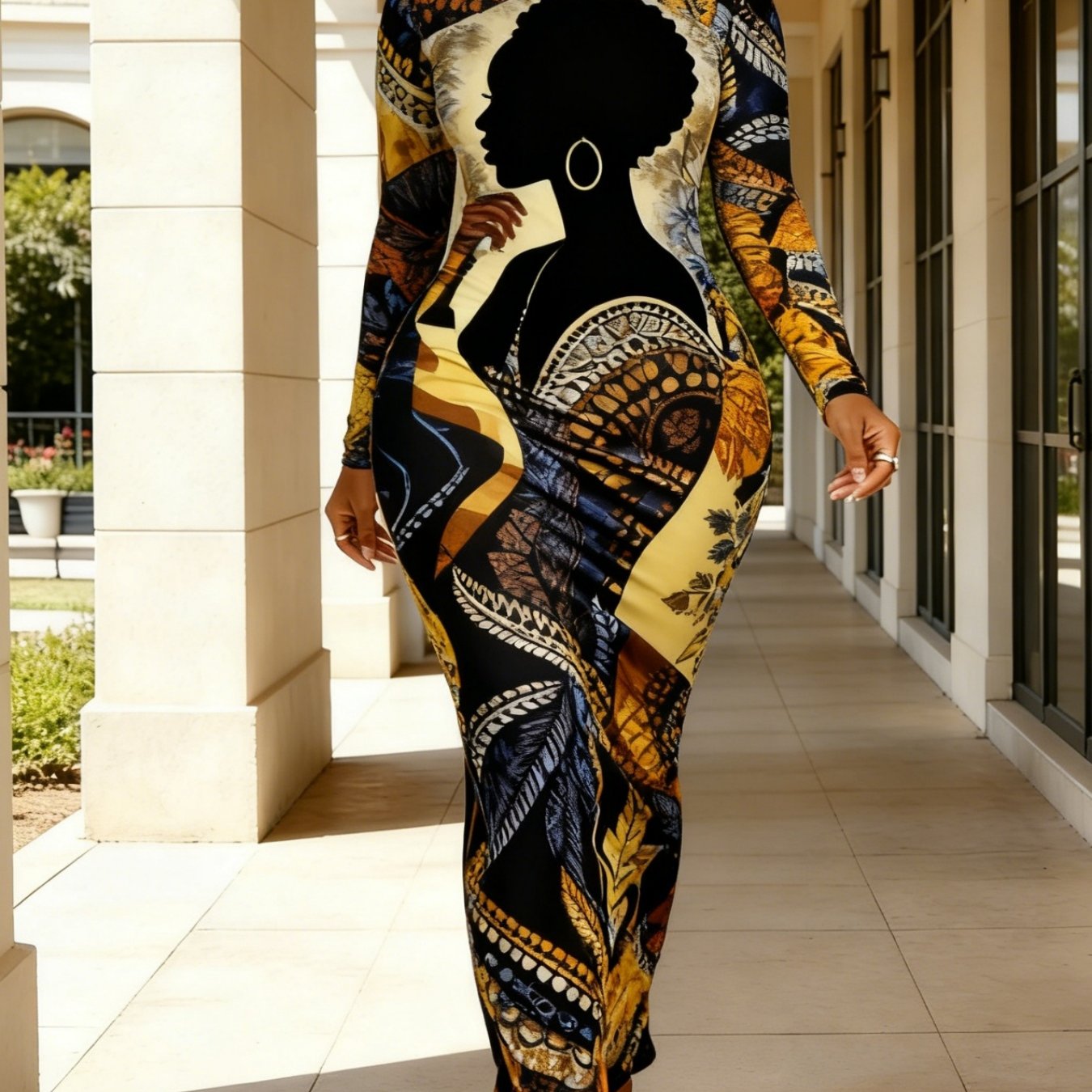 [Women's Dress] Spring/Summer Women's Long-Sleeved Bodycon Dress, African Batik Geometric Print, Elastic Waist for a Flattering Figure, Ethnic Style Outfit for Holidays and Parties, 2026 Early Spring New Arrival