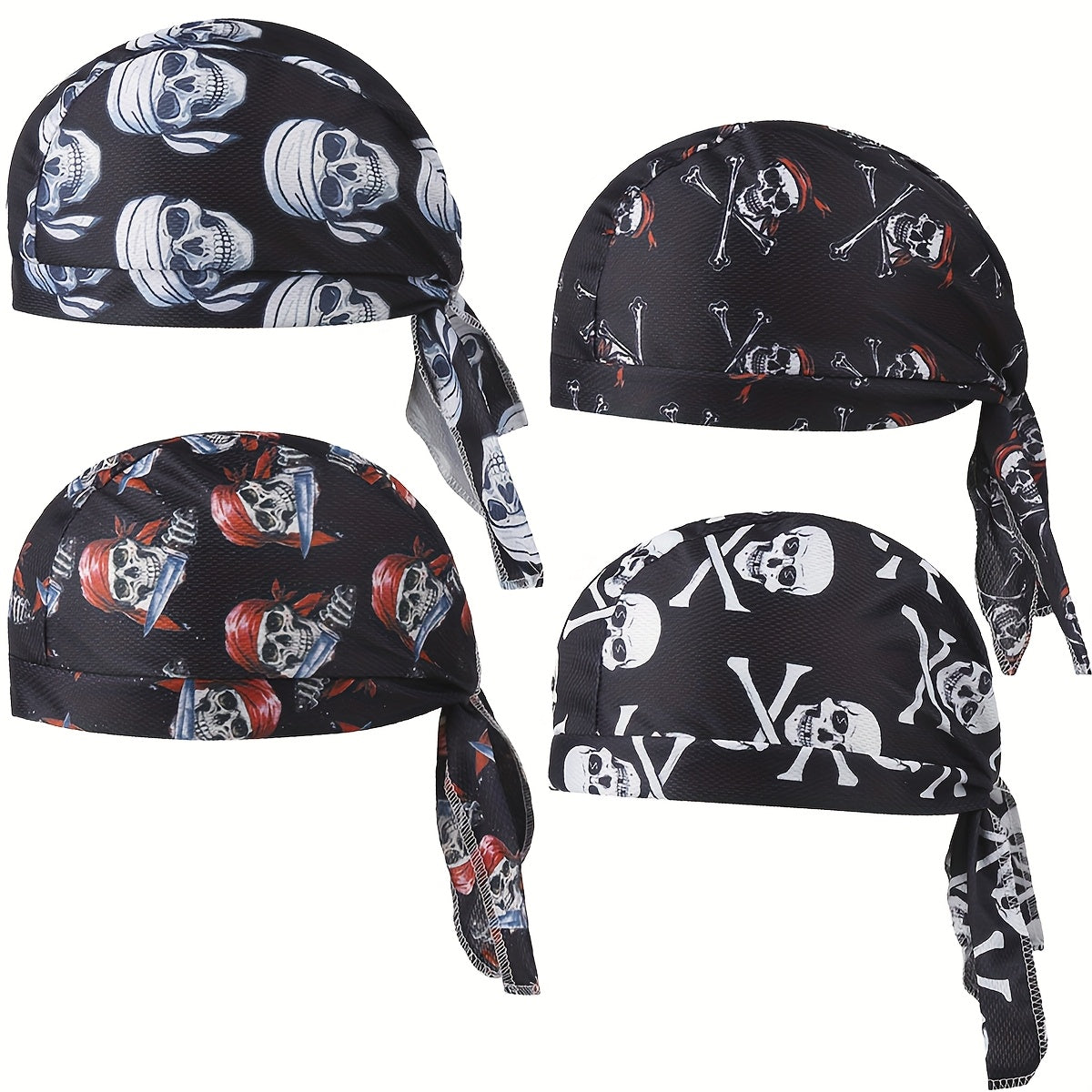 4pcs Black Skull Print Cooling & Sweat-Wicking Beanie Headbands - Unisex Polyester Headscarves for Motorcycle, Running, Outdoor - Edgy Skull & Bandage Design, Multi-Pack (Men & Women) - Breathable Headwear