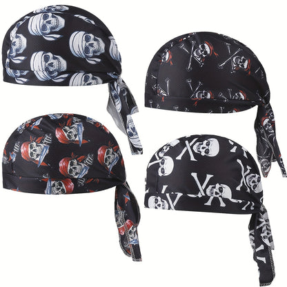 4pcs Black Skull Print Cooling & Sweat-Wicking Beanie Headbands - Unisex Polyester Headscarves for Motorcycle, Running, Outdoor - Edgy Skull & Bandage Design, Multi-Pack (Men & Women) - Breathable Headwear