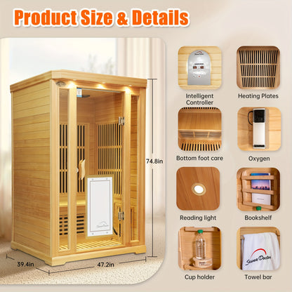 1-3 Person Infrared Home Sauna with Smart Controller, Fast 10 Min Warm Up, Features Heating Panels, Ventilation Ports, Cup Holder, Bookshelf & Towel Holder, Reading Light, Perfect for Home Spa Or Gym
