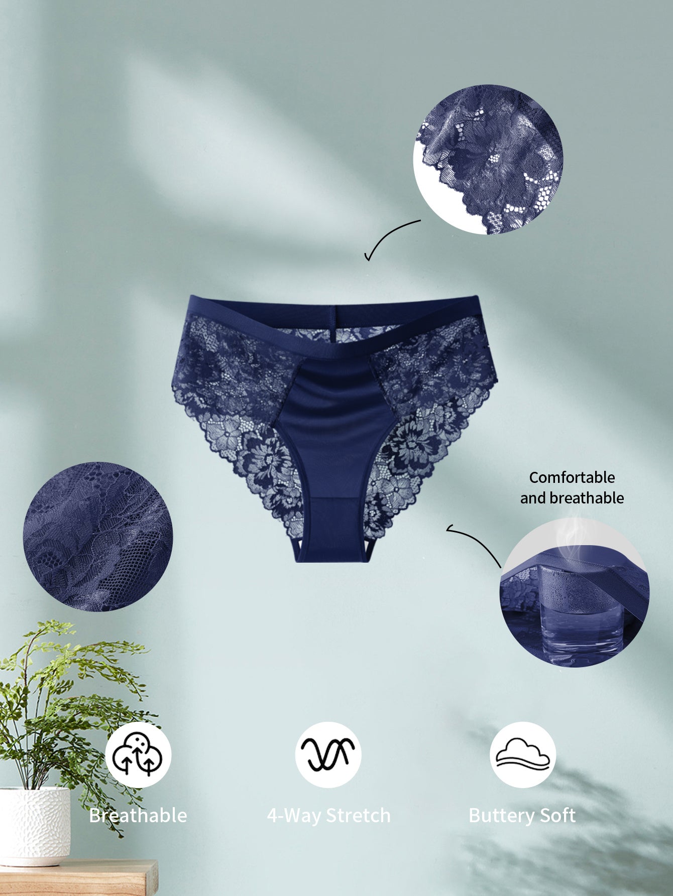 5pcs QUASTI Women'S Solid Color Lace Edge Panties | Simple and Fashionable, Comfortable and Soft, Elegant Style, Semi-Transparent Triangle Design, Suitable for Couple Dates and Everyday Outings