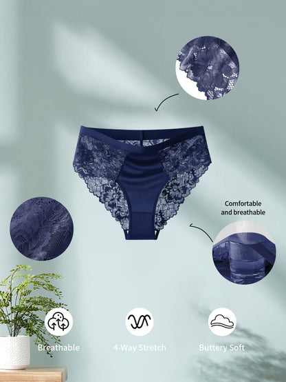 5pcs QUASTI Women'S Solid Color Lace Edge Panties | Simple and Fashionable, Comfortable and Soft, Elegant Style, Semi-Transparent Triangle Design, Suitable for Couple Dates and Everyday Outings
