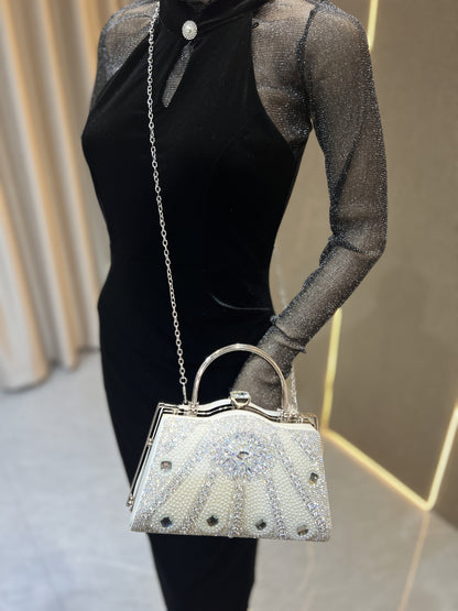 Elegant Rhinestone-Embellished Evening Handbag with Detachable Strap - Chic White Polyester Clutch for Parties, Weddings, and Special Occasions, Perfect Gift for Her, Party Accessory, Luxurious Appearance, Sparkling Embellish