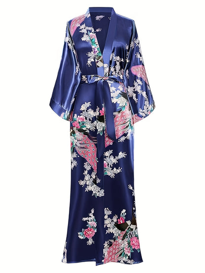 Elegant Floral Kimono Women's Robe - Soft and Light Beige-Friendly V-Neck Geometric Pattern All-Season Comfortable Casual Pajamas Pajamas
